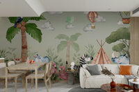 The design features a repeating pattern of soft, watercolor jungle leaves.

