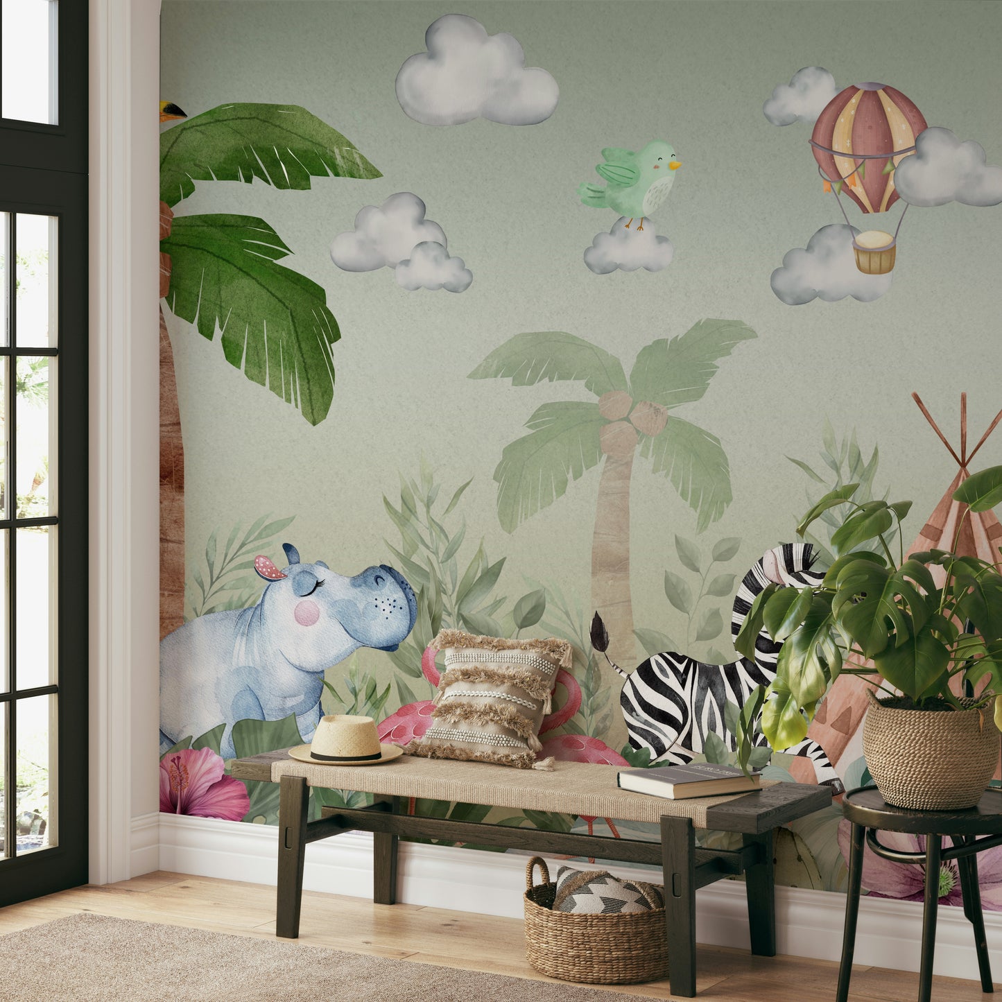 The colors are gentle and lush, with a blended green and gray palette.

