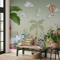 The colors are gentle and lush, with a blended green and gray palette.

