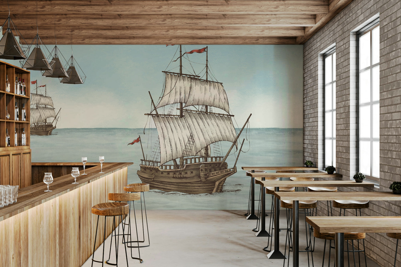 Mural wallpaper of tall ships on the horizon

