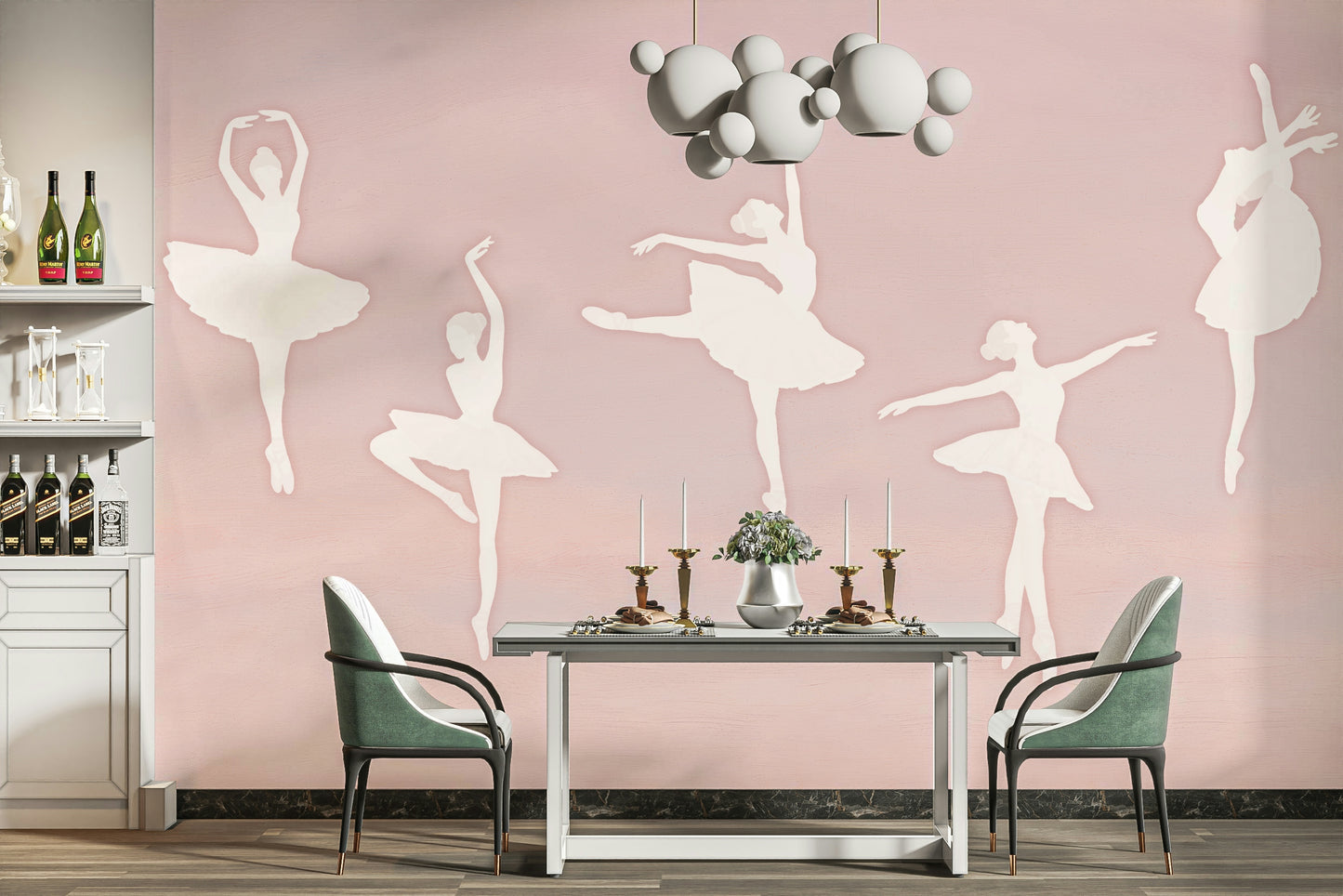 A playful wall mural with a gentle ballet design.


