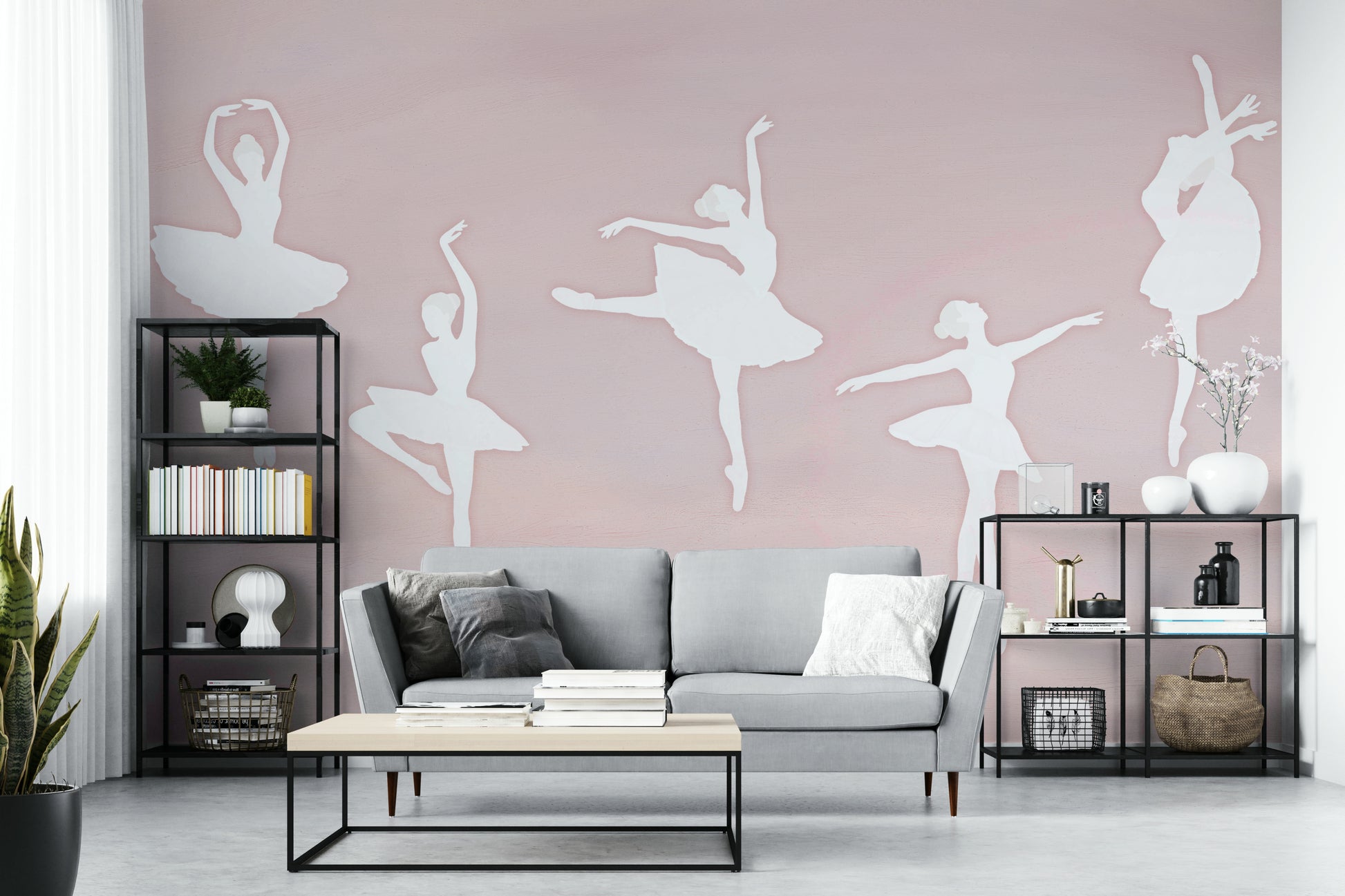 The design features a repeating pattern of soft, graceful dancers.

