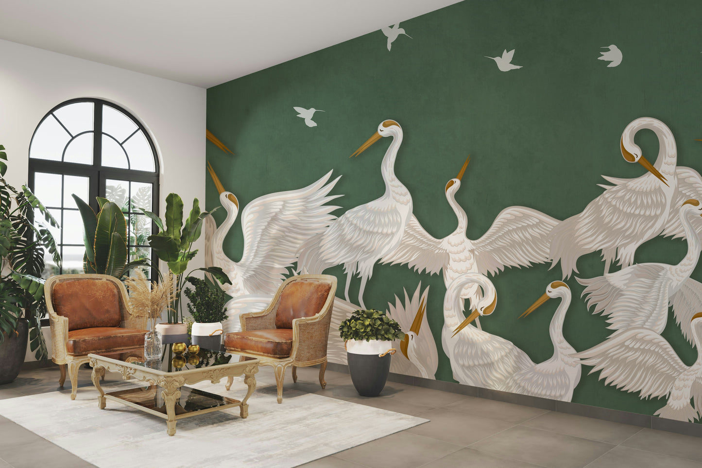 The design features a repeating pattern of graceful, flying birds.


