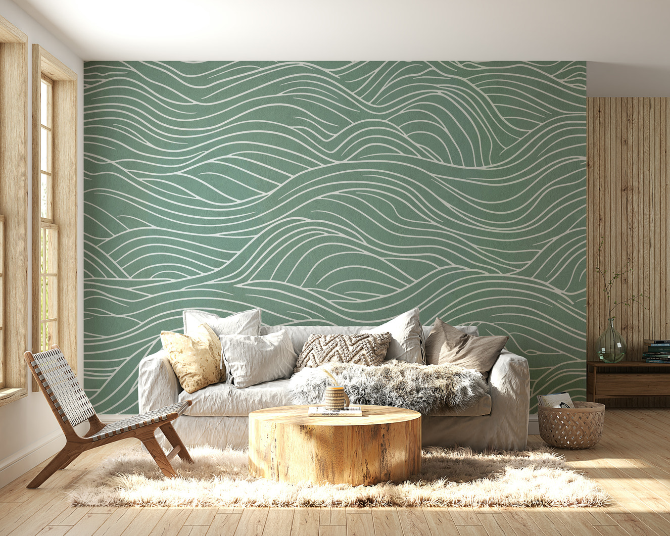 A peaceful wall mural with an elegant, flowing design.

