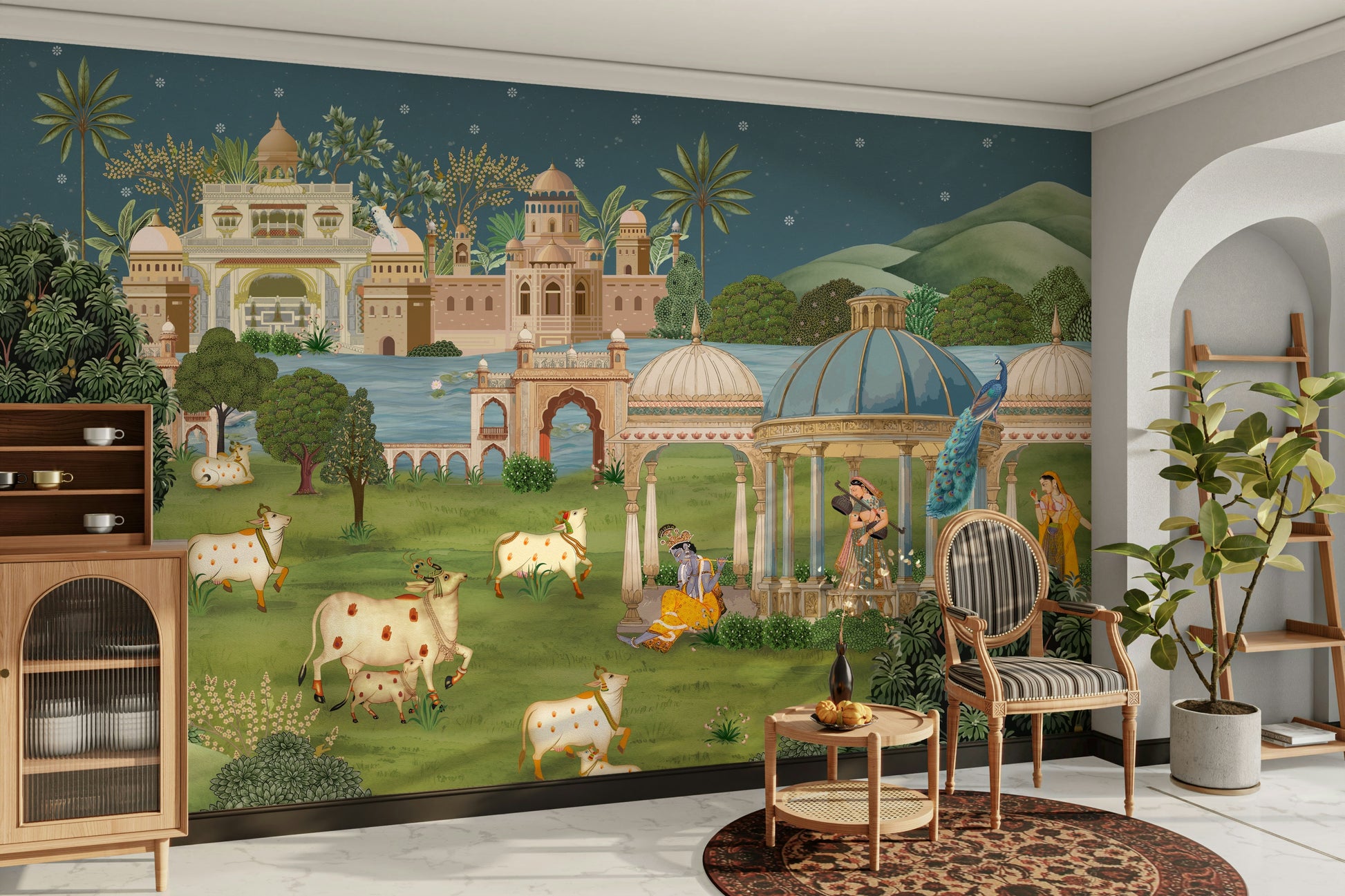 A peaceful wall mural with an organic, natural design.

