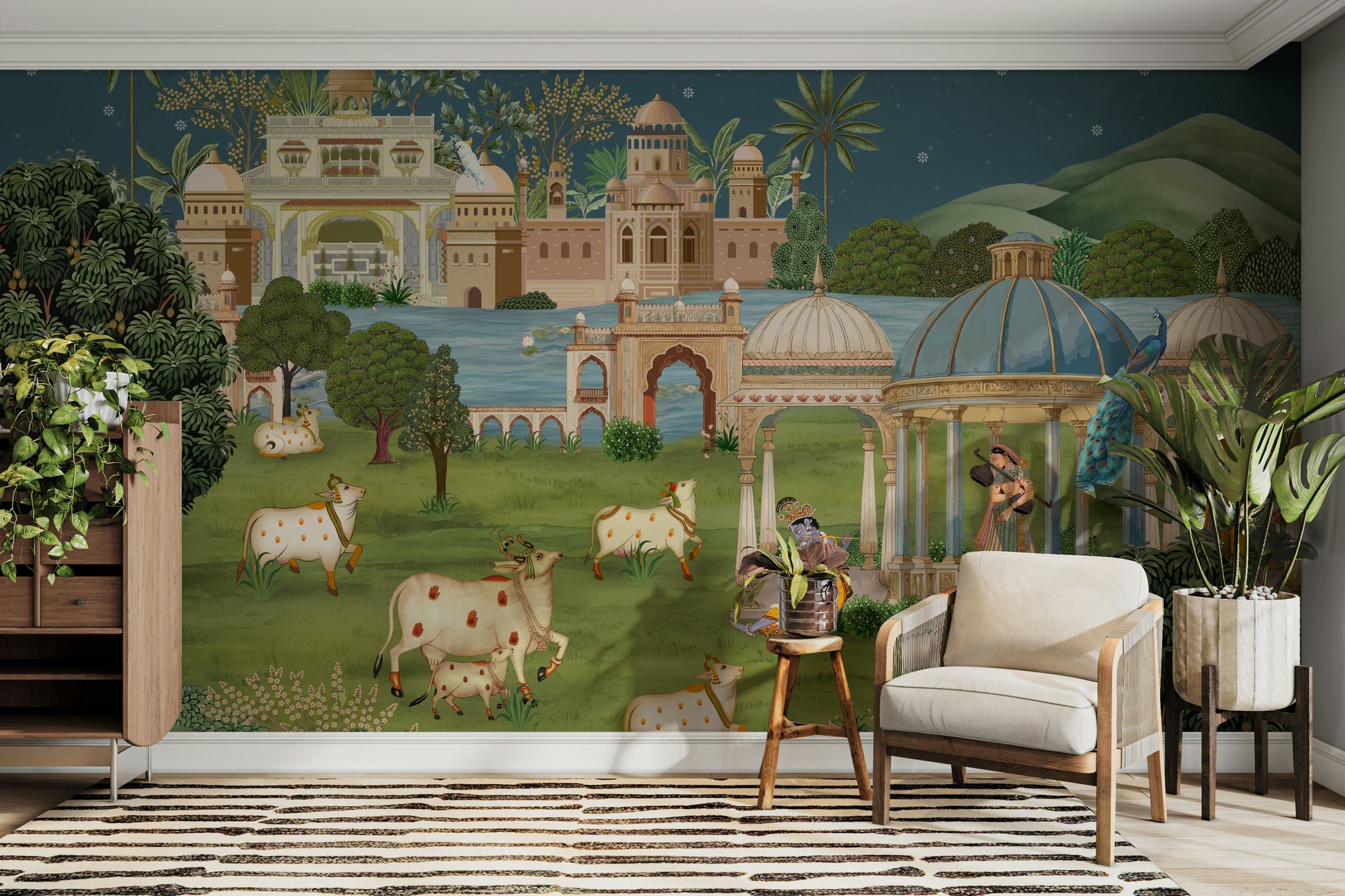 The colors are gentle and lush, with a natural, green and gray palette.

