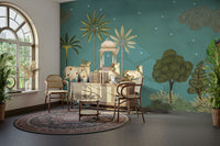 Hand-painted look Neel Pichwai Wall Mural.


