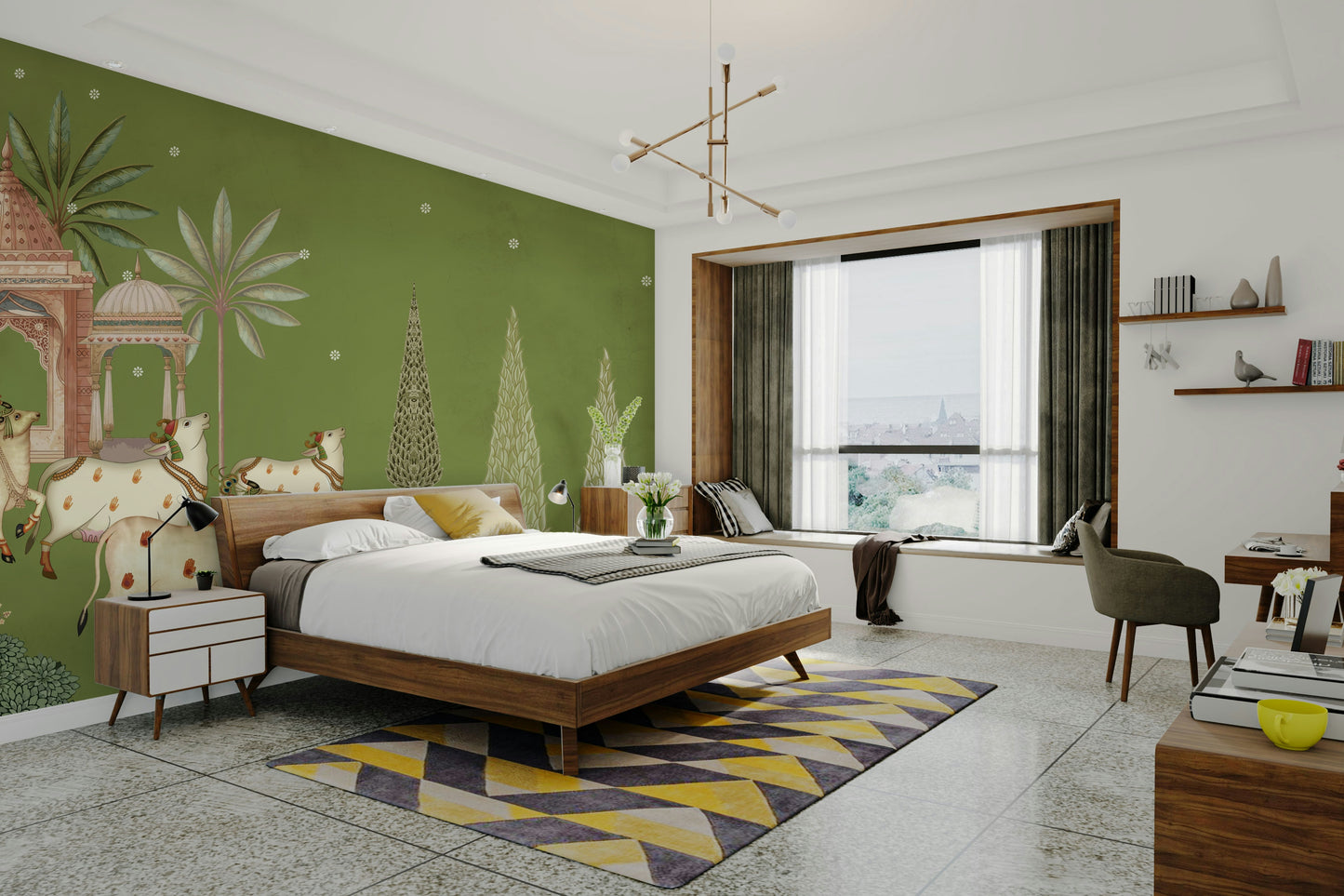 Pichwai Darshan Wall Mural with lotuses.

