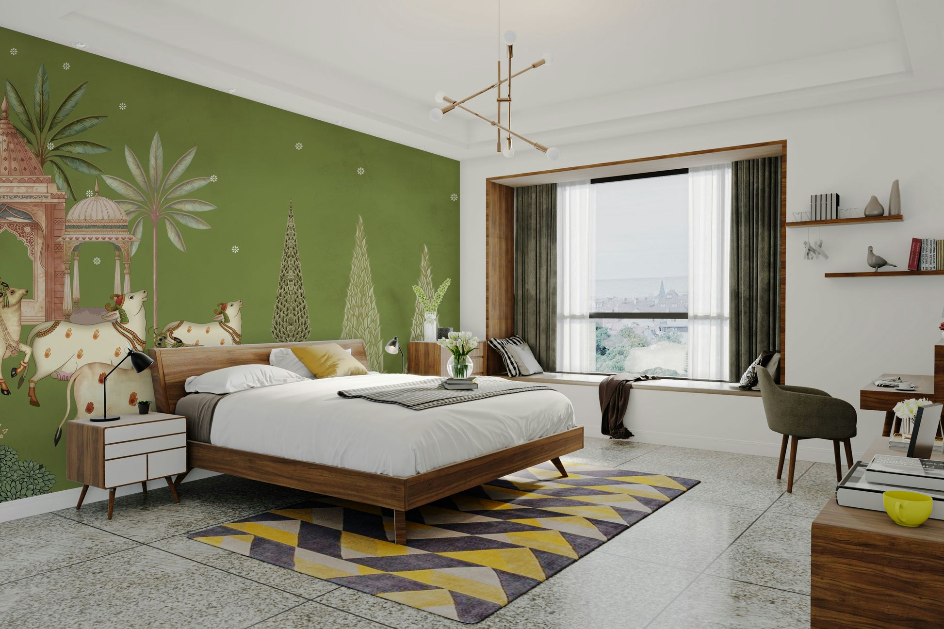 Pichwai Darshan Wall Mural with lotuses.

