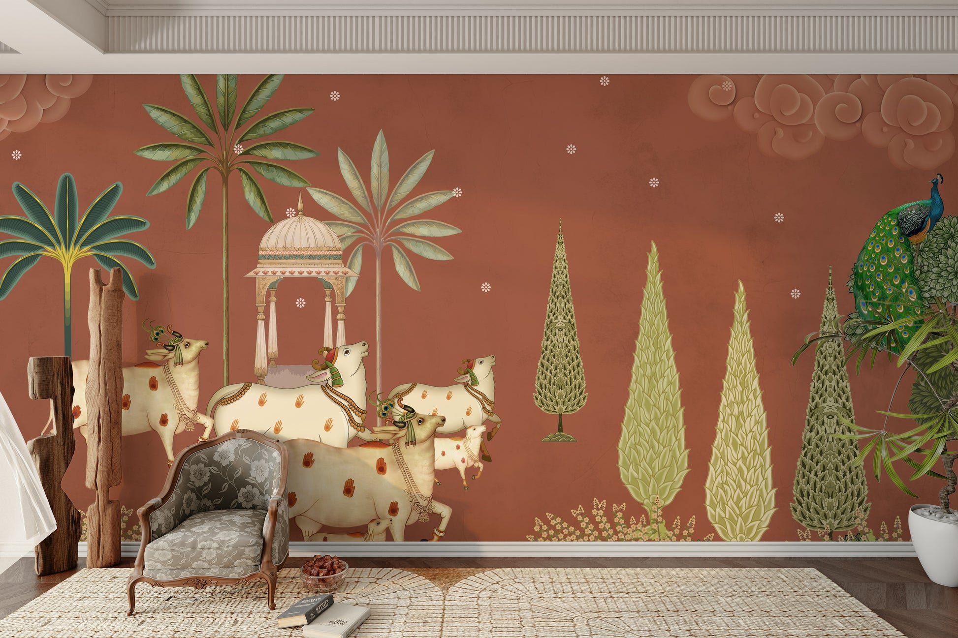 Pichwai Vanam Wall Mural with hand-painted look.


