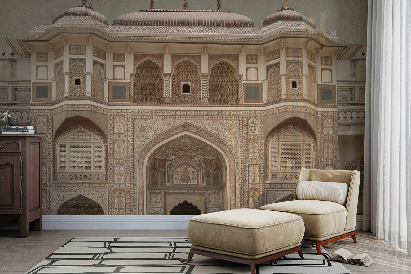 A peaceful wall mural with an elegant, culturally-inspired design.

