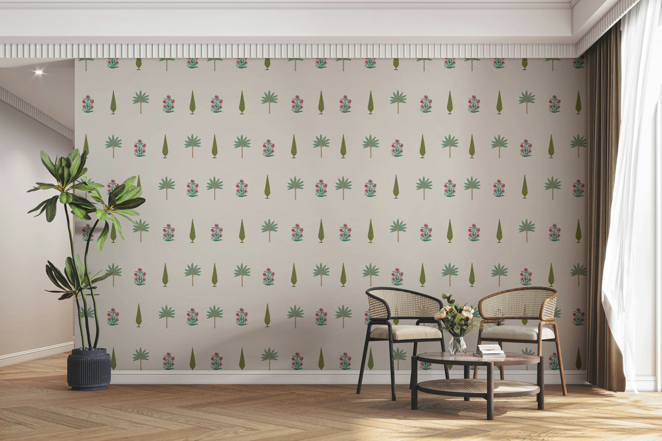 A peaceful wall mural with an elegant, culturally-inspired design.

