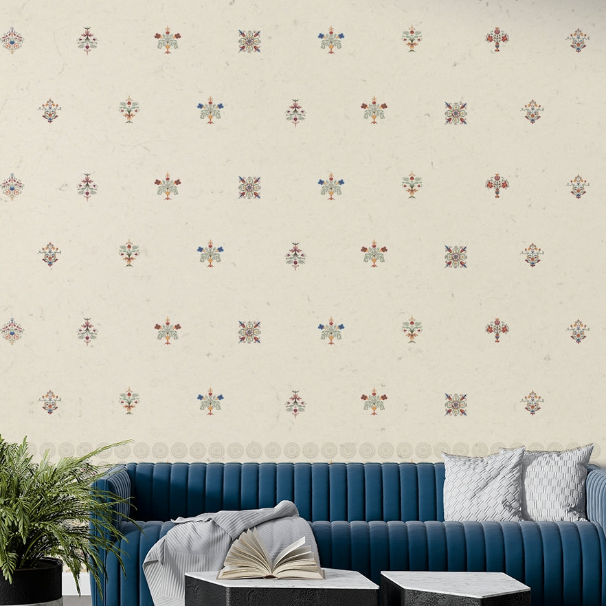 The design features a repeating pattern of soft, intricate shapes.


