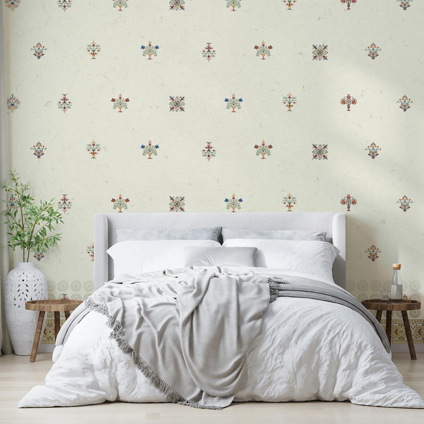 A peaceful wall mural with an elegant, embroidery-inspired design.

