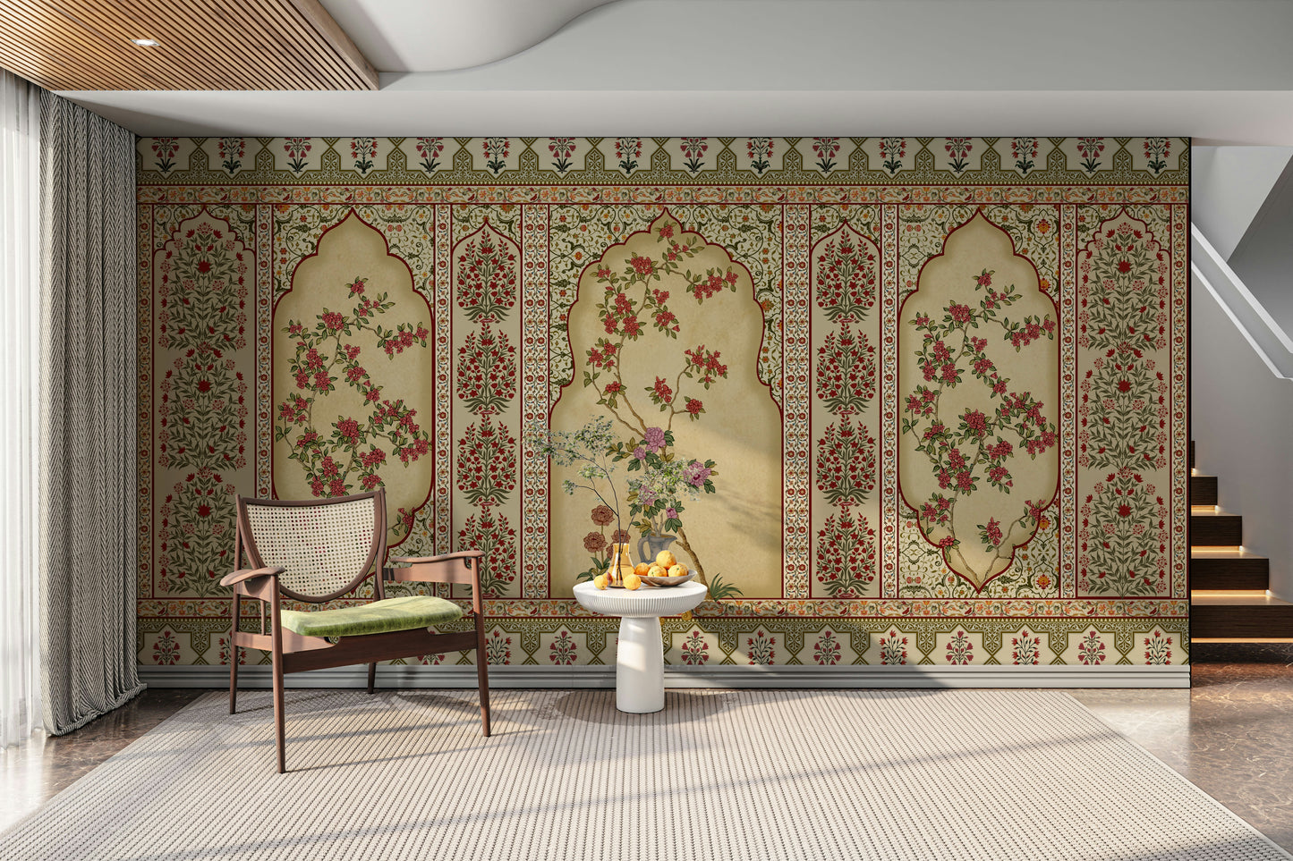The design features a repeating pattern of soft, intricate jharokha shapes.

