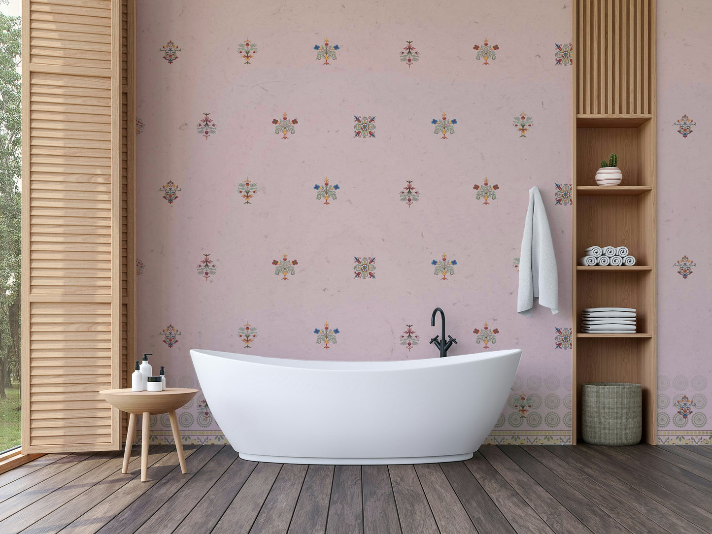 The colors are gentle and soft, with a pastel, pink and neutral palette.

