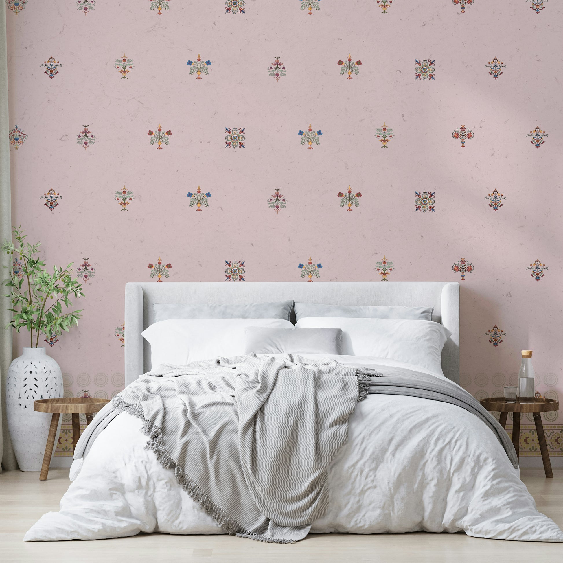 A peaceful wall mural with an elegant, embroidery-inspired design.

