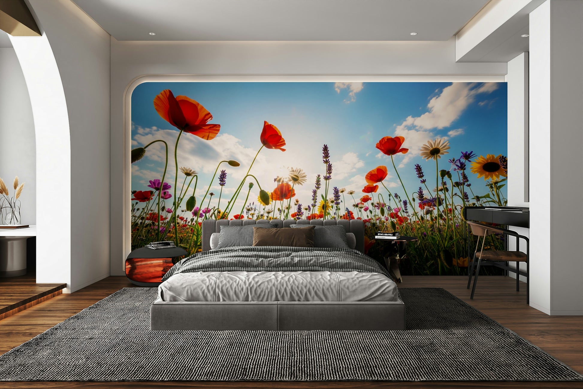 The mural is created for an entire wall, providing an immersive feel.
