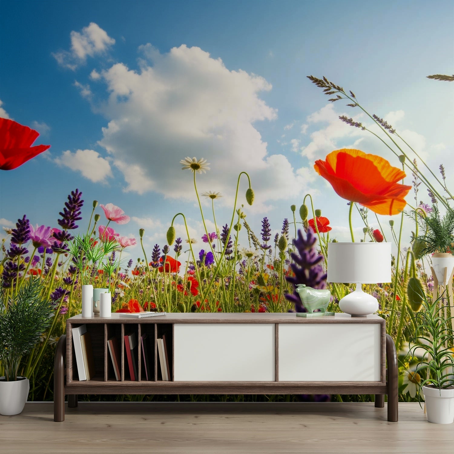 A full-wall mural of a serene meadow landscape.
