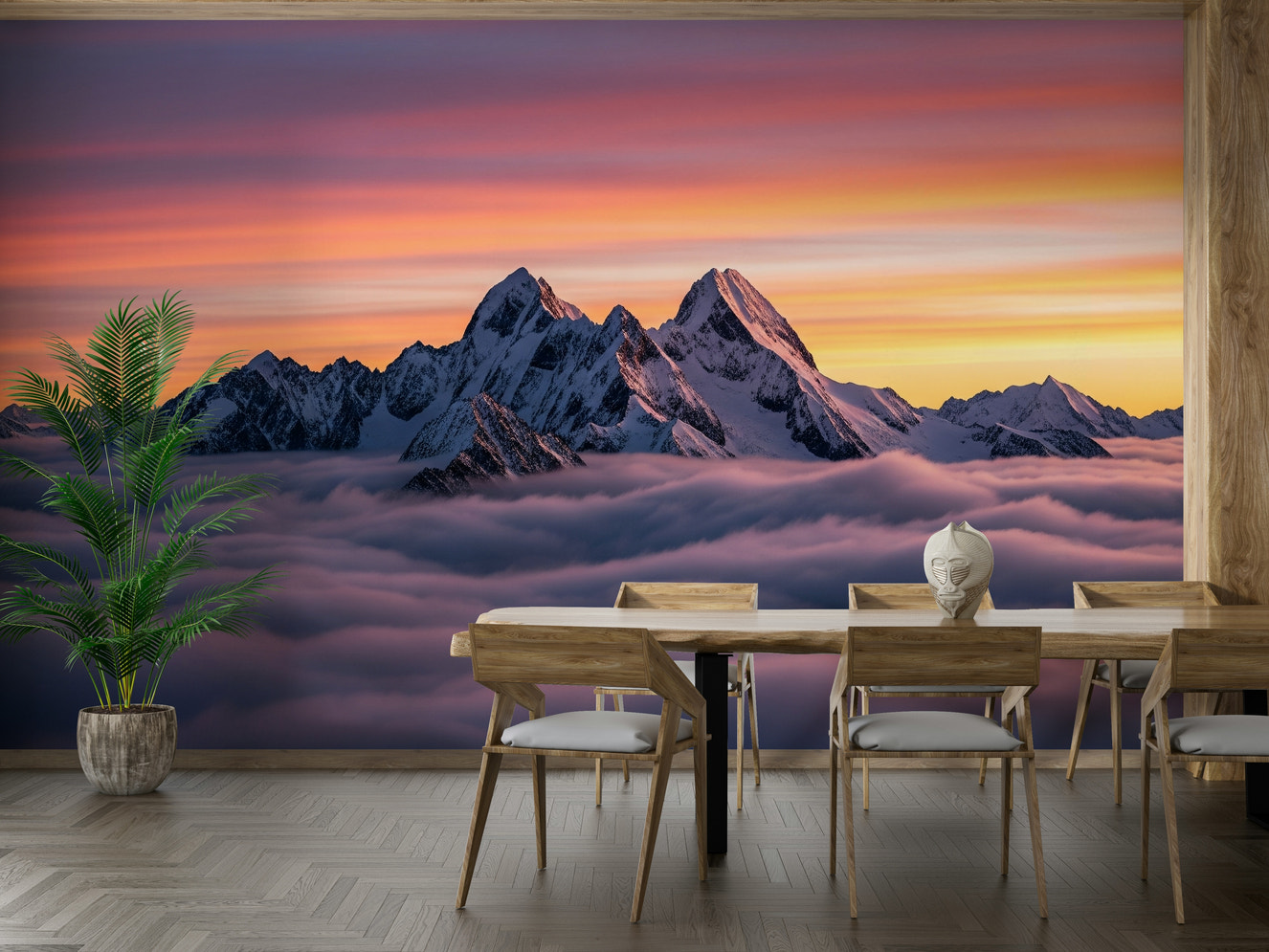 A full-wall mural of a peaceful skyscape.
