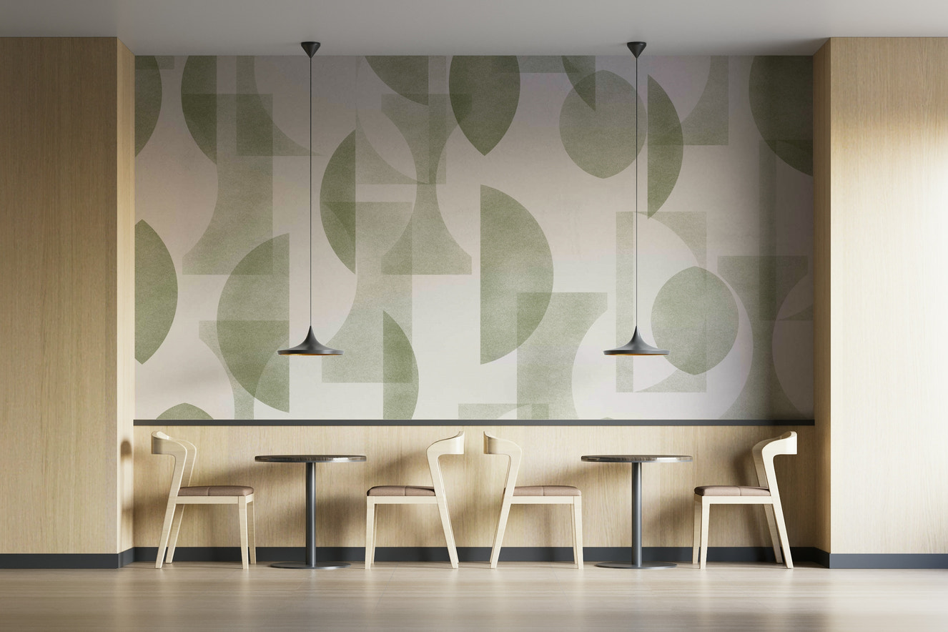 A full-wall mural of a modern, geometric pattern.
