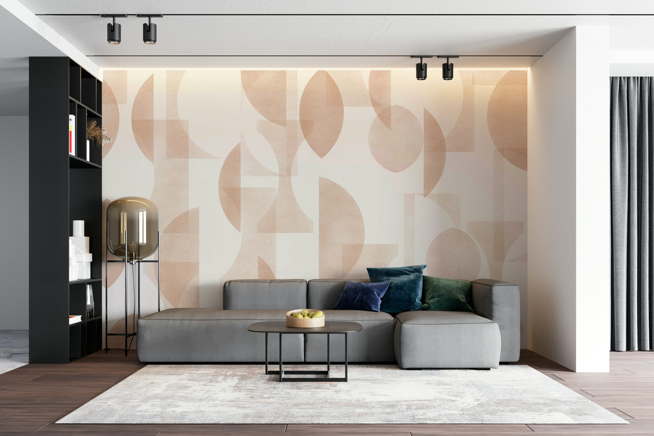 A full-wall mural of a modern, geometric pattern.
