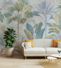 The design features a repeating pattern of soft, graceful palm trees.