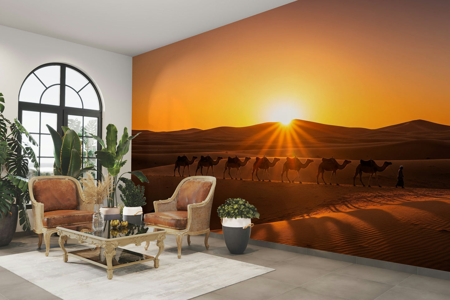 View of sand dunes and a caravan

