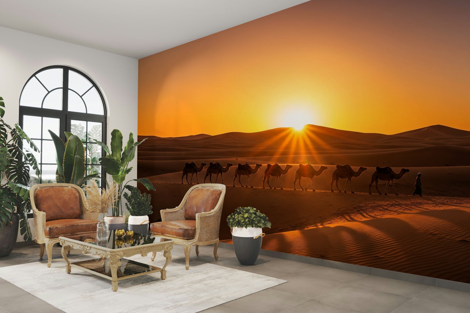 View of sand dunes and a caravan

