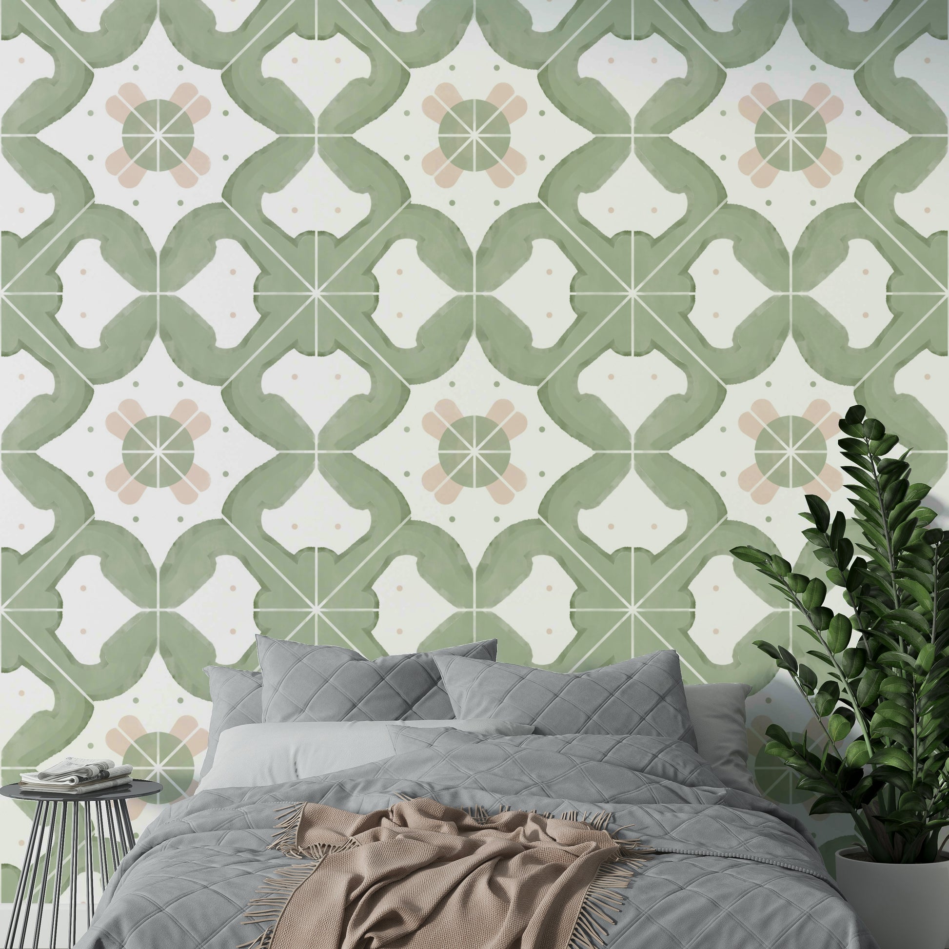 Detailed sage tile print on wallpaper

