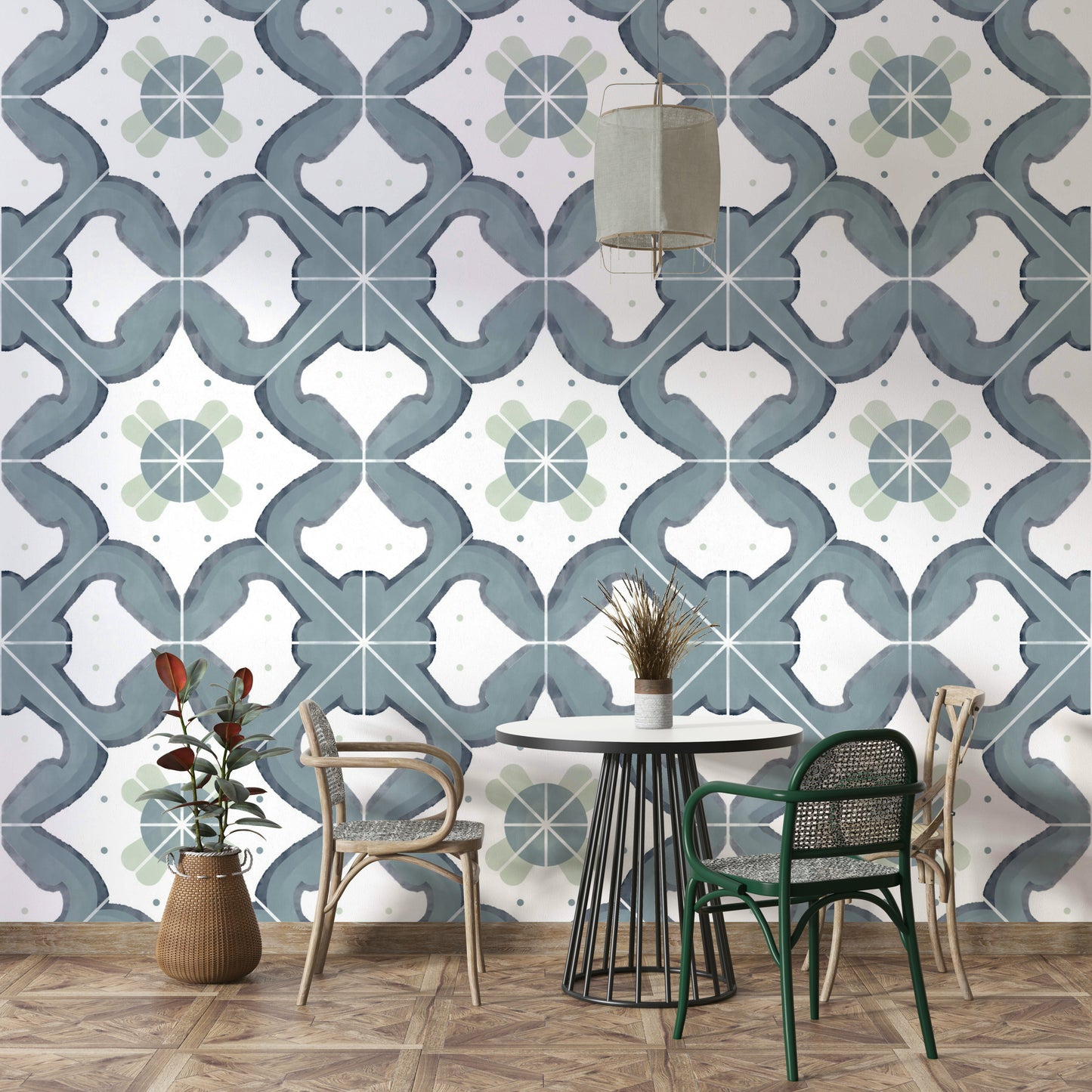 Detailed blue tile print on wallpaper

