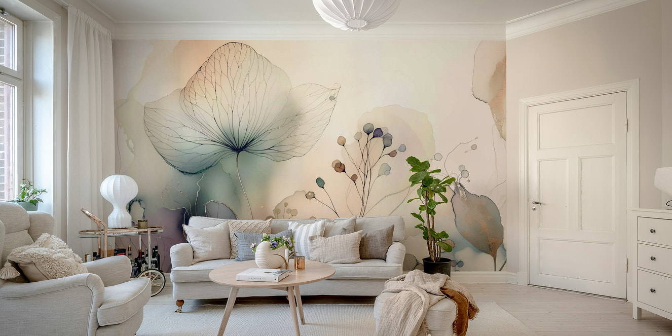 A full-wall mural showing a scene of soft, delicate blossoms.
