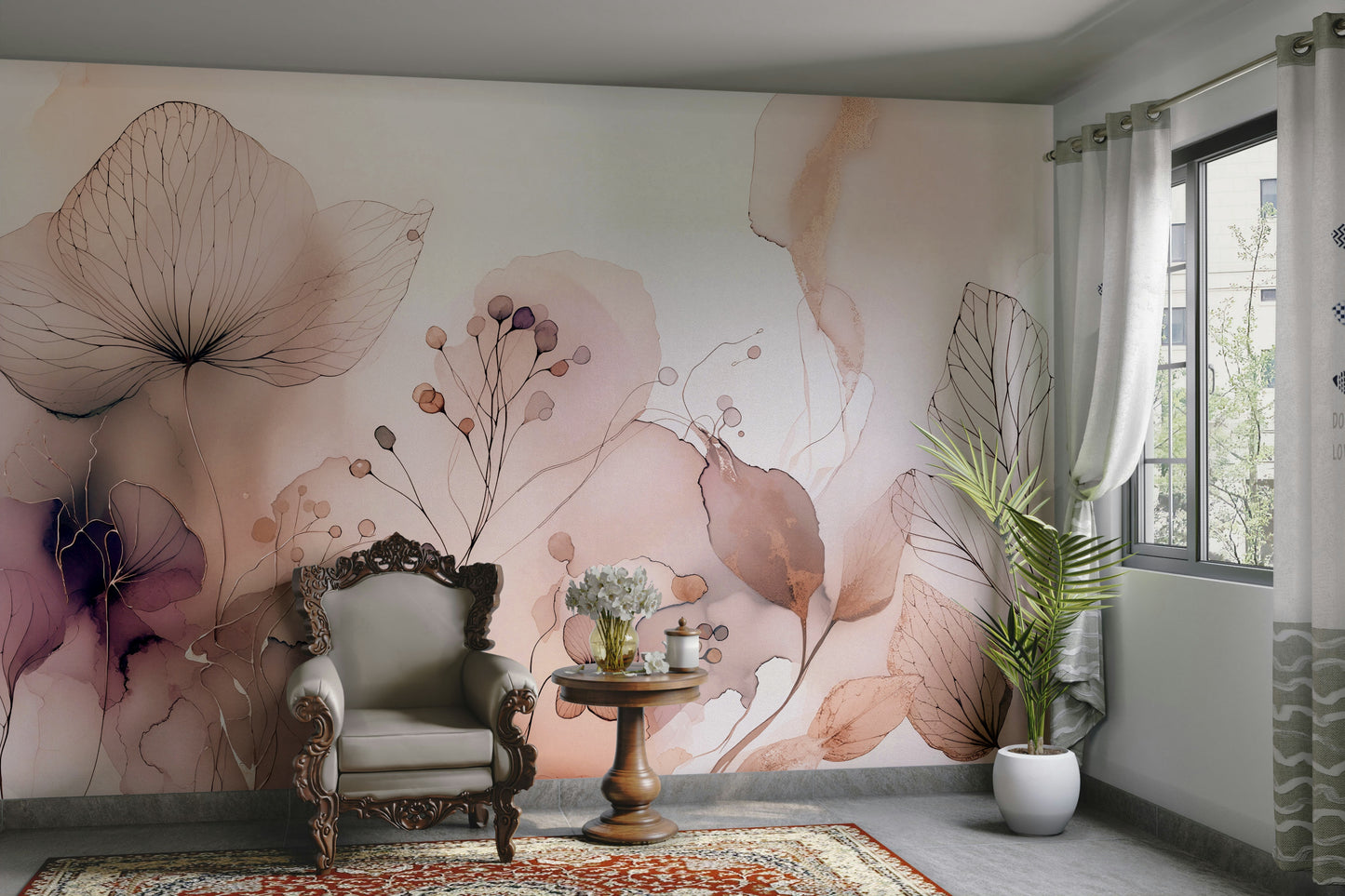A full-wall mural showing a scene of soft, delicate blossoms.
