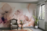 A full-wall mural showing a scene of soft, delicate blossoms.
