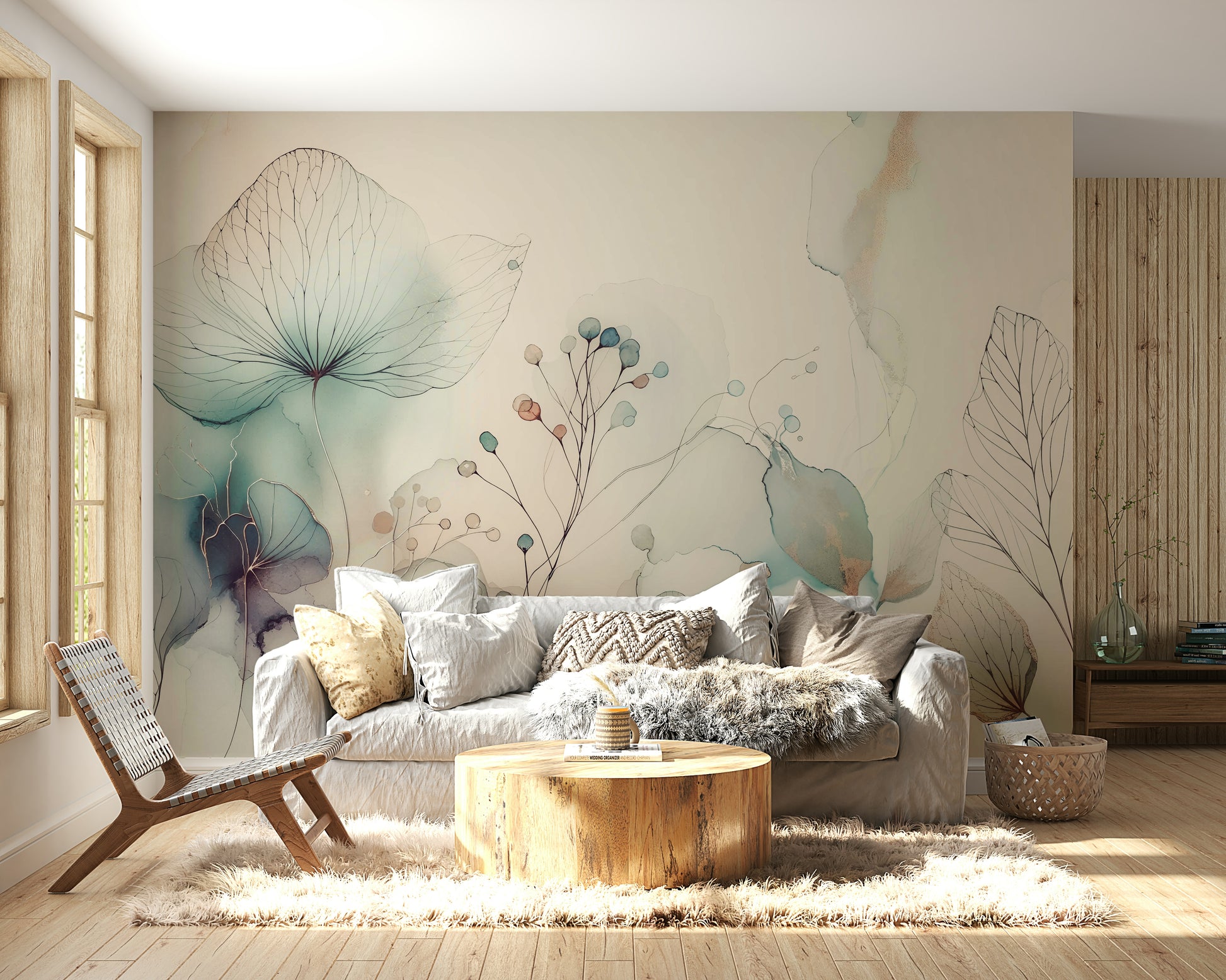 A full-wall mural showing a scene of soft, delicate blossoms.
