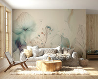 A full-wall mural showing a scene of soft, delicate blossoms.
