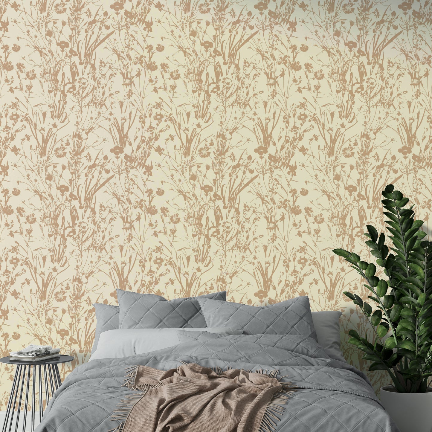 A corner of a room showcasing the wallpaper's full design.

