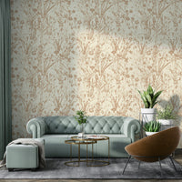 The creamy print wallpaper applied to a wall behind a couch.

