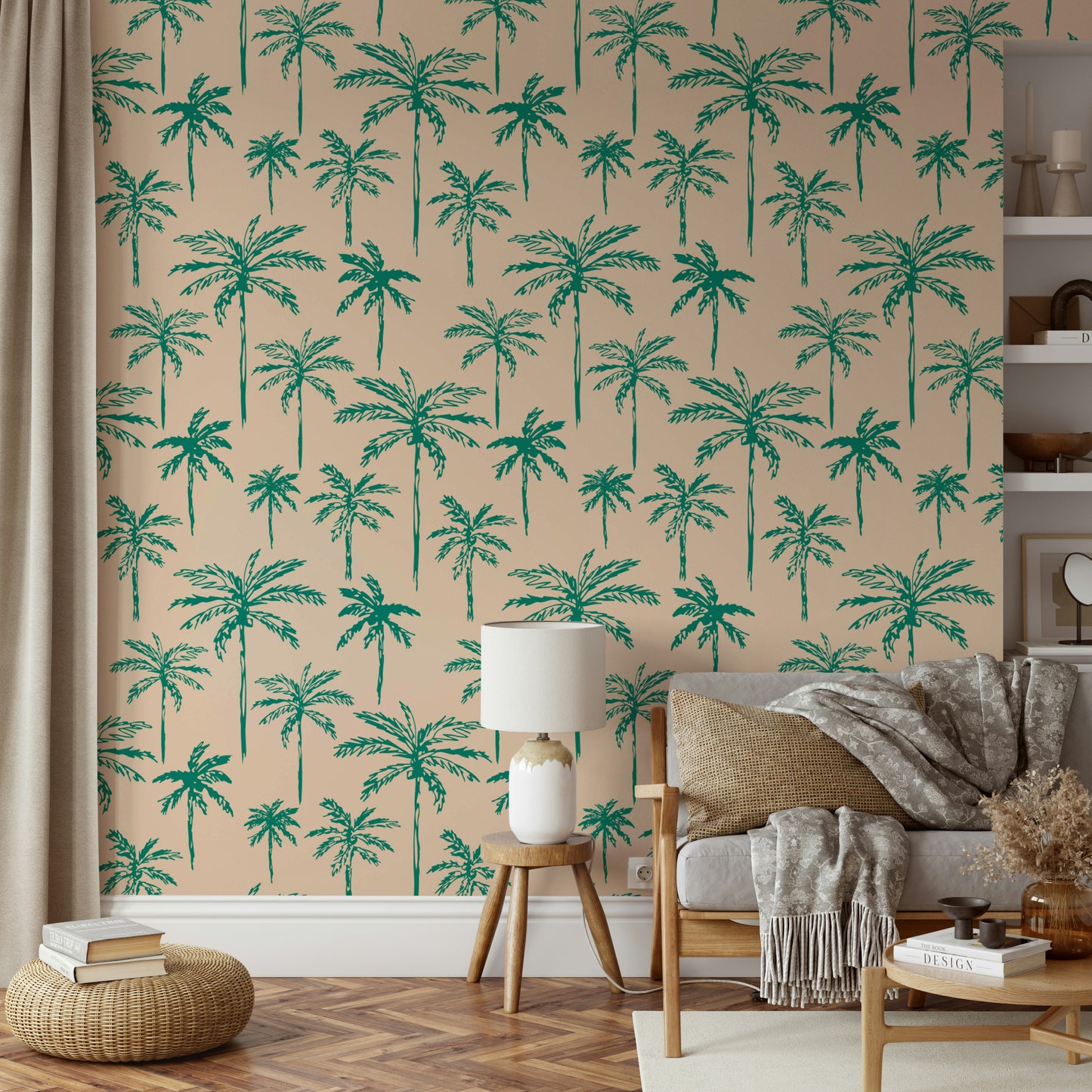 A living room wall covered in a lush, tropical palm tree wallpaper.

