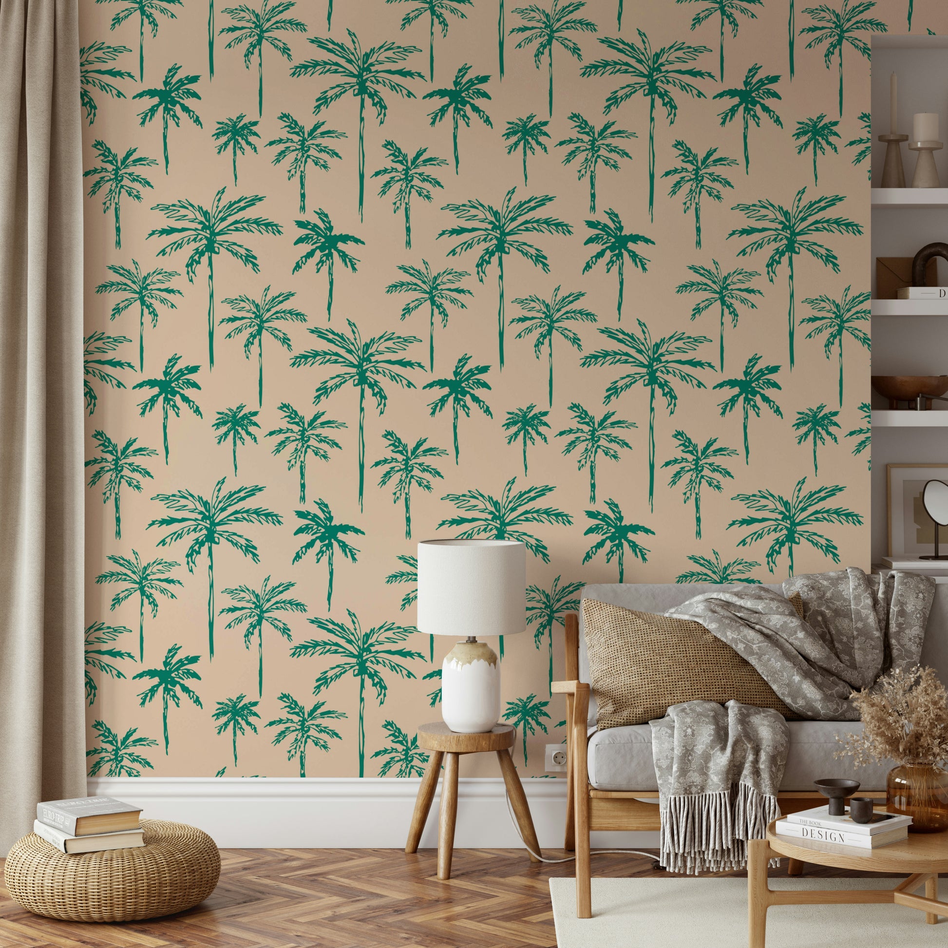 A living room wall covered in a lush, tropical palm tree wallpaper.

