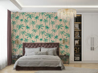 A wider view of the tropical-themed wallpaper in a sunlit space.

