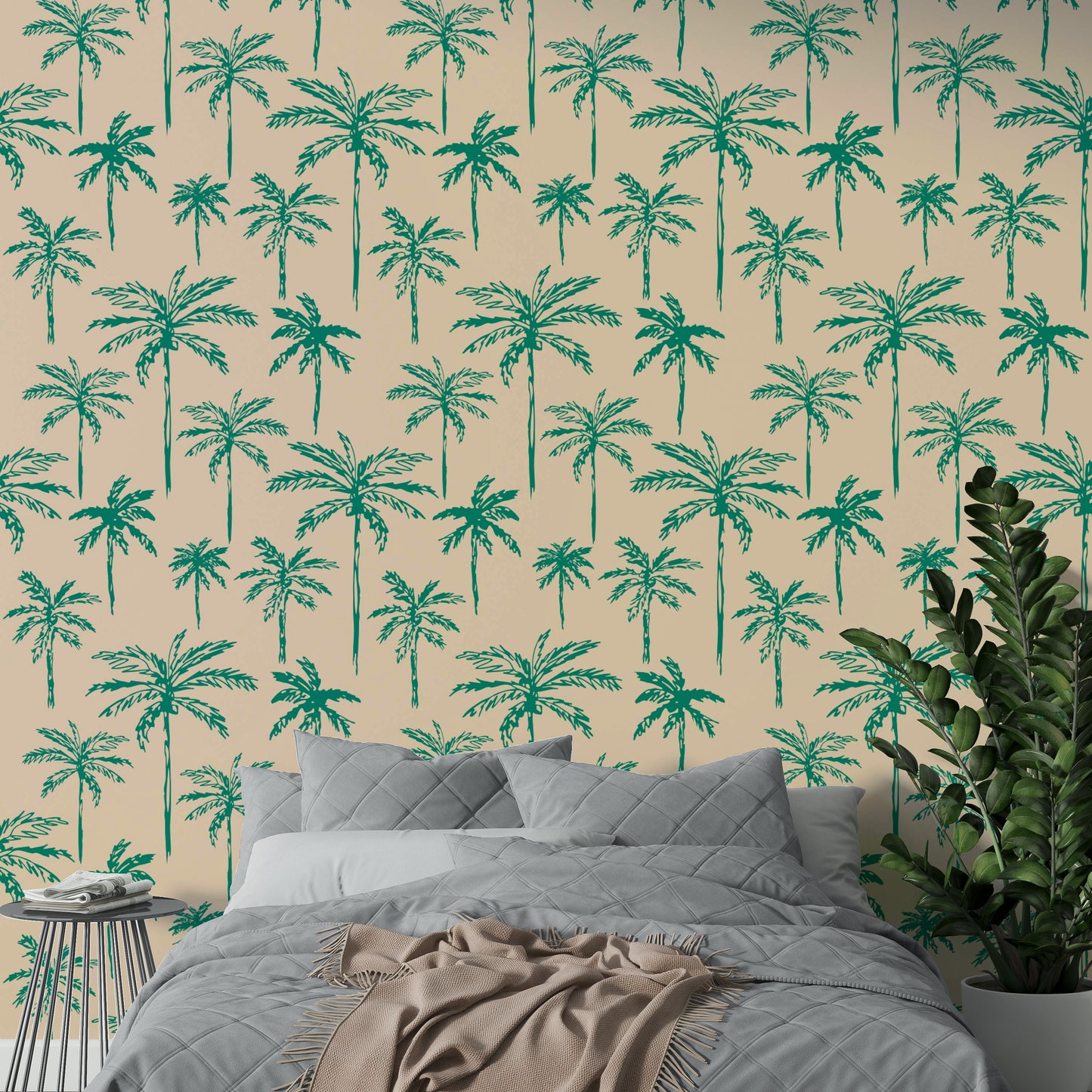 A black and white palm tree silhouette mural in a modern bedroom.

