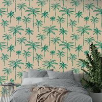 A black and white palm tree silhouette mural in a modern bedroom.

