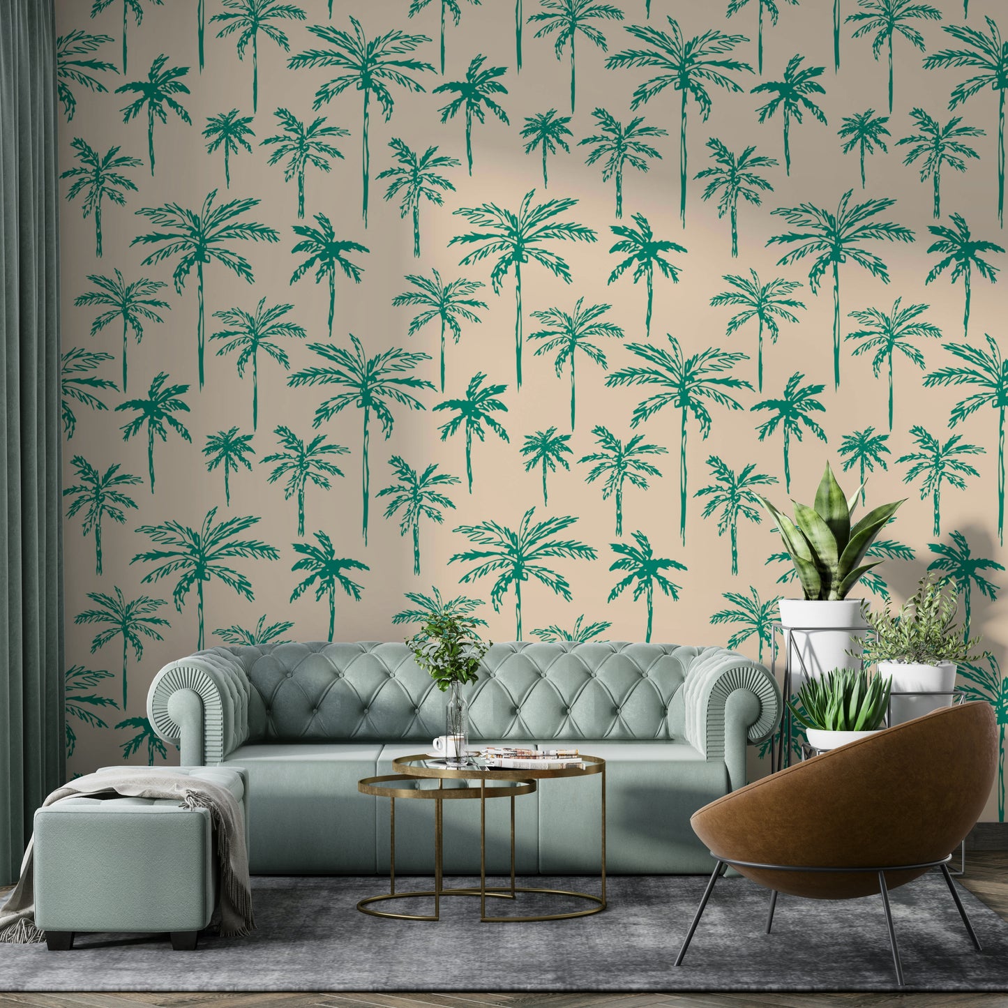 A corner of a room with the palm tree wallpaper design.


