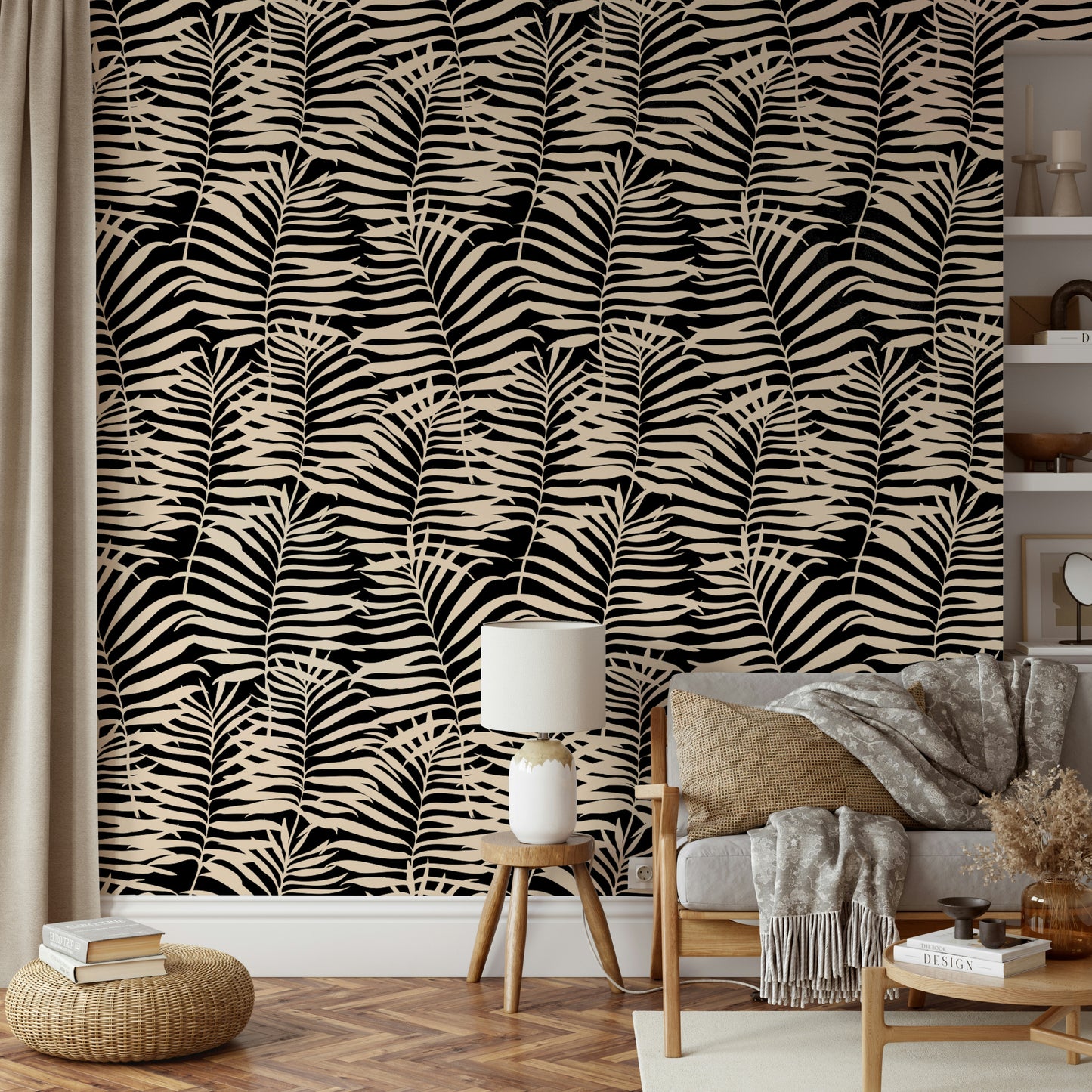 A bedroom decorated with a palm leaf mural

