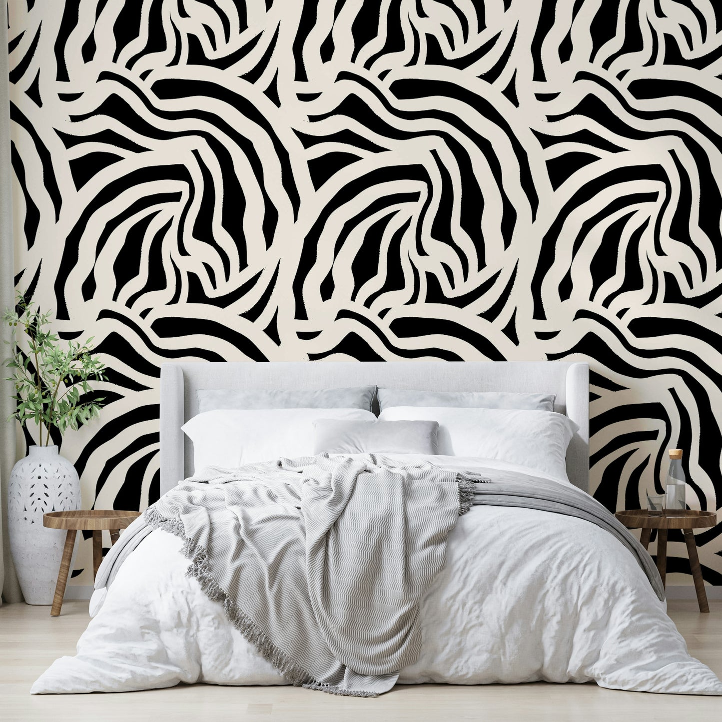 A creative workspace with a wavy lines mural


