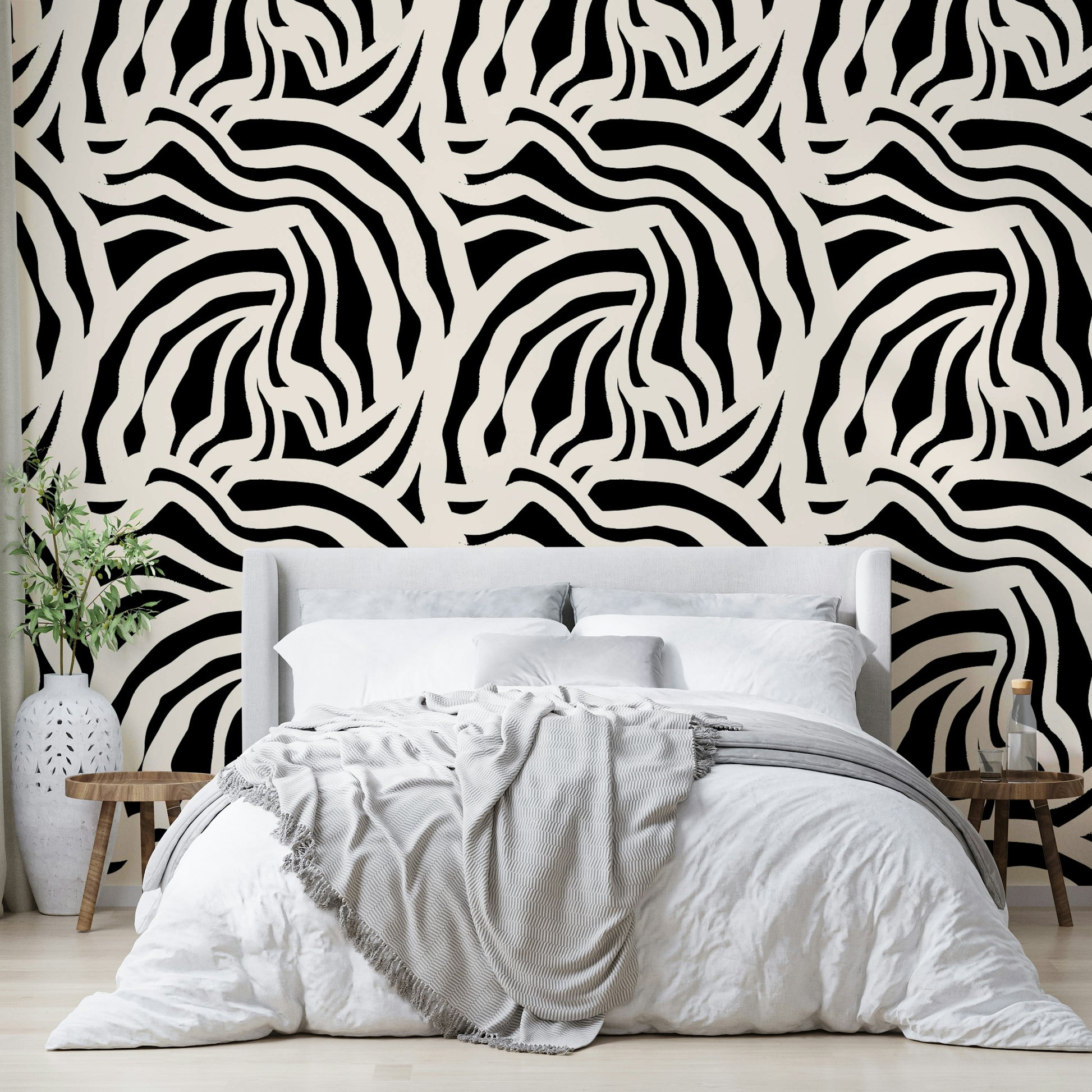 A creative workspace with a wavy lines mural


