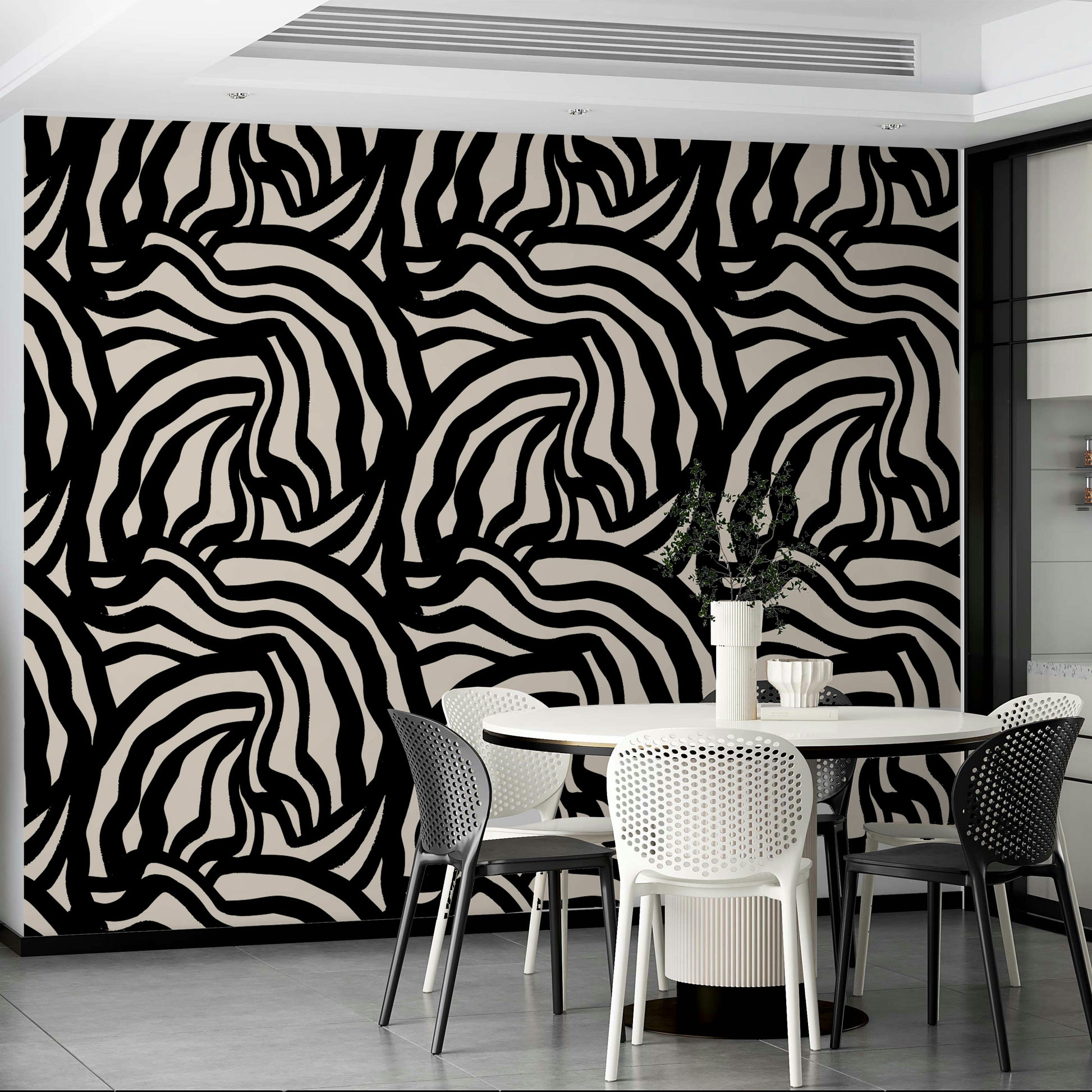  A seamless repeat of the wavy black lines pattern across a large wall