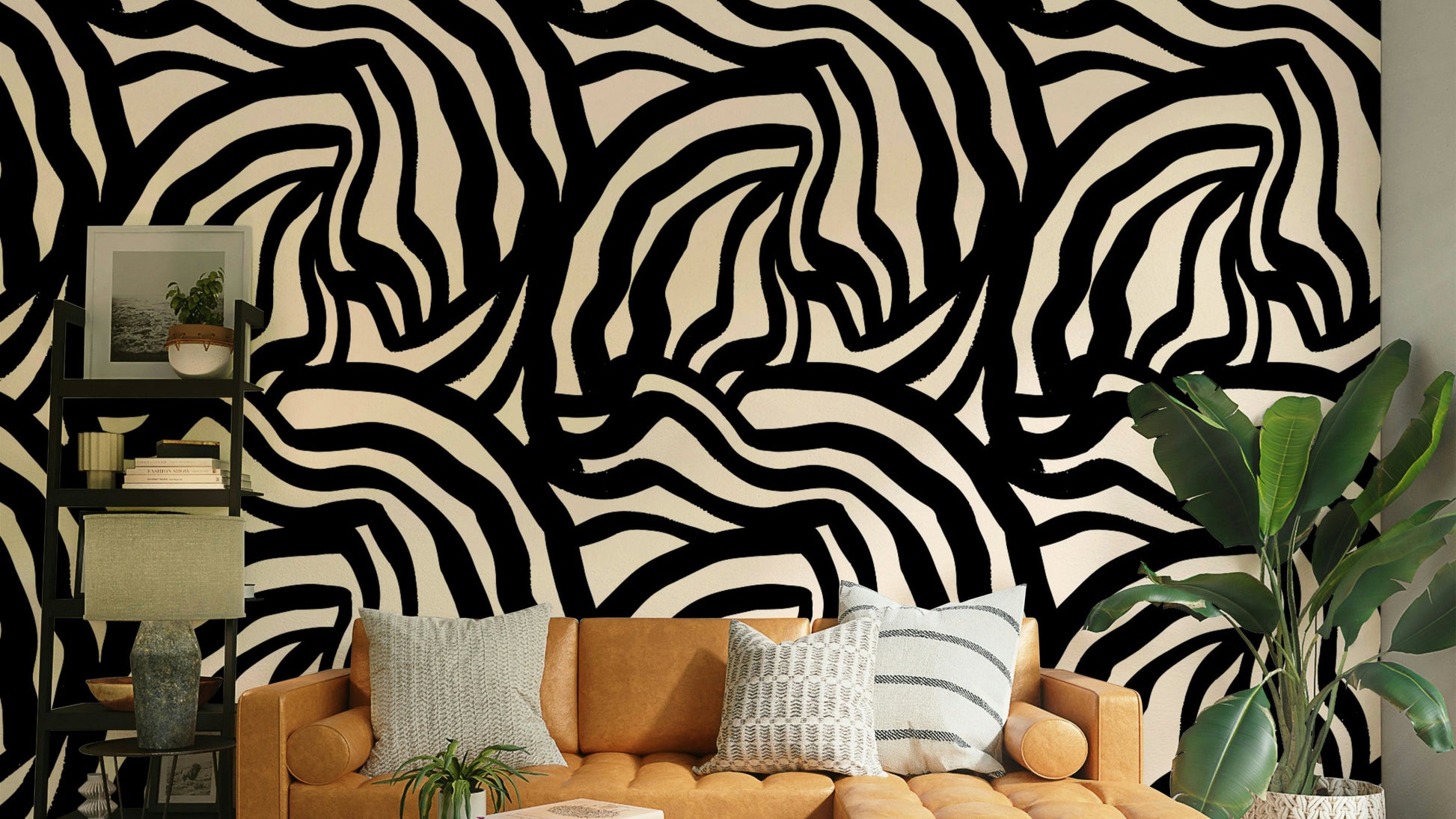 A full wall decorated with the wavy black lines wallpaper, styled in a minimalist room