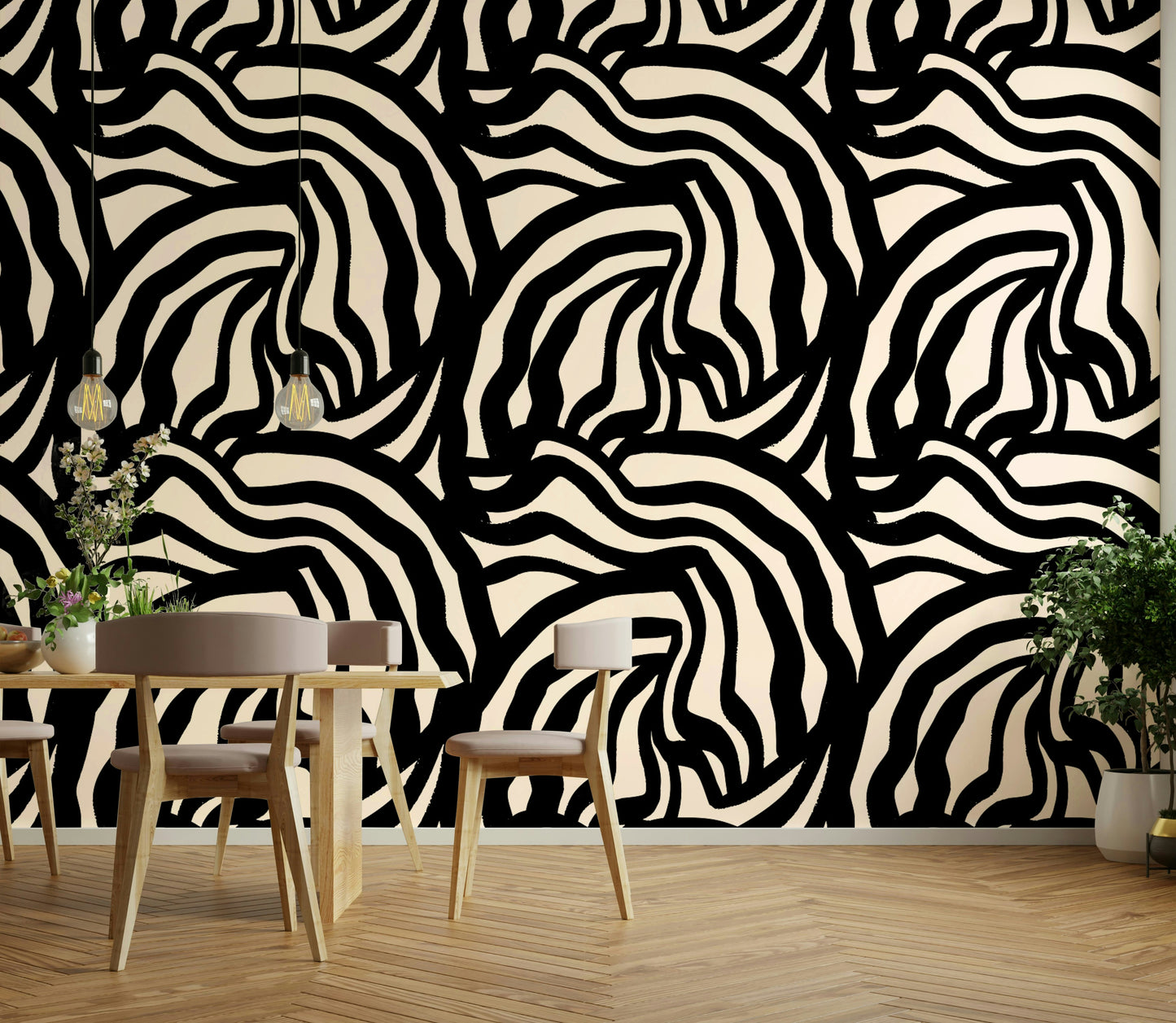 A corner of a room showing the wallpaper wrapping neatly around the wall